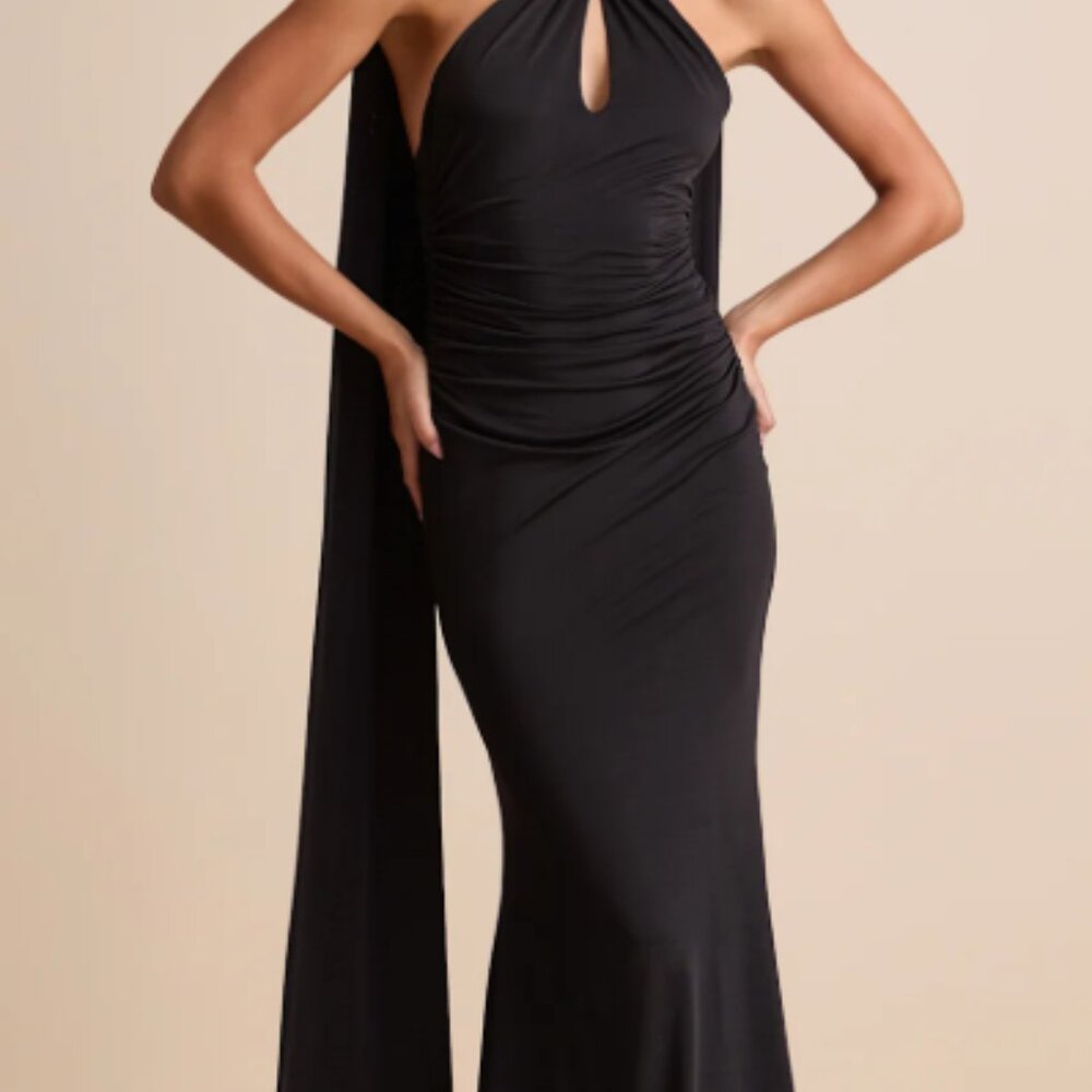 Noretta Black Jersey Knit Keyhole Cutout Sash Maxi Dress